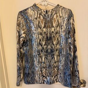 NWT SIZE 1 Chico's Blue, SILVER, AND TAN SEQUINED Animal Print Blouse